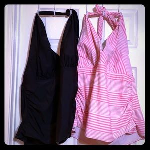 Around the neck swim tops! Black is 2x pink is 3x.